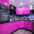 Угловая розовая кухня с барной стойкой