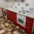 Красный прямой кухонный гарнитур с белыми навесными шкафами